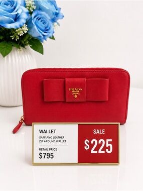 Prada reddish pink Saffiano Zip-Around Wallet with Bow Detail